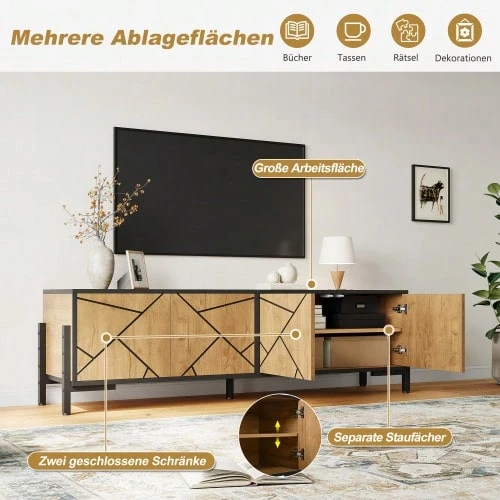 153 X 40 X 50 Cm TV Cabinet, Lowboard, TV Stand With 4 Doors, Contrasting Geometric Design, Suitable For TVs Around 65 Inches, In Natural Wood Color With Black Lines. - Natural Wood - 查看 1