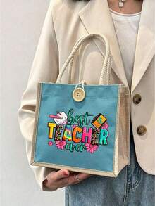 Túi vải lanh in chữ hoa "Best Teacher" (Người thầy tuyệt vời nhất), quà tặng Ngày Nhà giáo, túi tote in hình có thể tái sử dụng, túi tote đi làm hàng ngày. - Nhiều màu - Xem 11