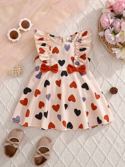 1pc Vintage Style Girls Dress, Featuring Cute Casual Heart Pattern And Bow Decor, Suitable For Summer, Outdoor Activities And Special Occasions