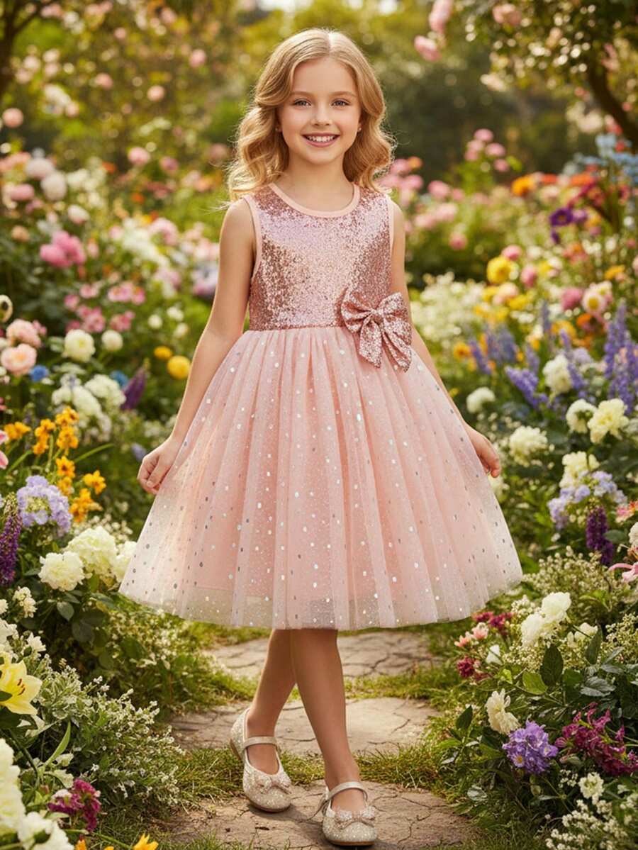 Girls Summer Fashion Glamorous Sequin Patchwork Sequins Tulle Tutu Dress Cute Bow Sweet Round Neck Sleeveless Party Dress - Coral Pink - View 1