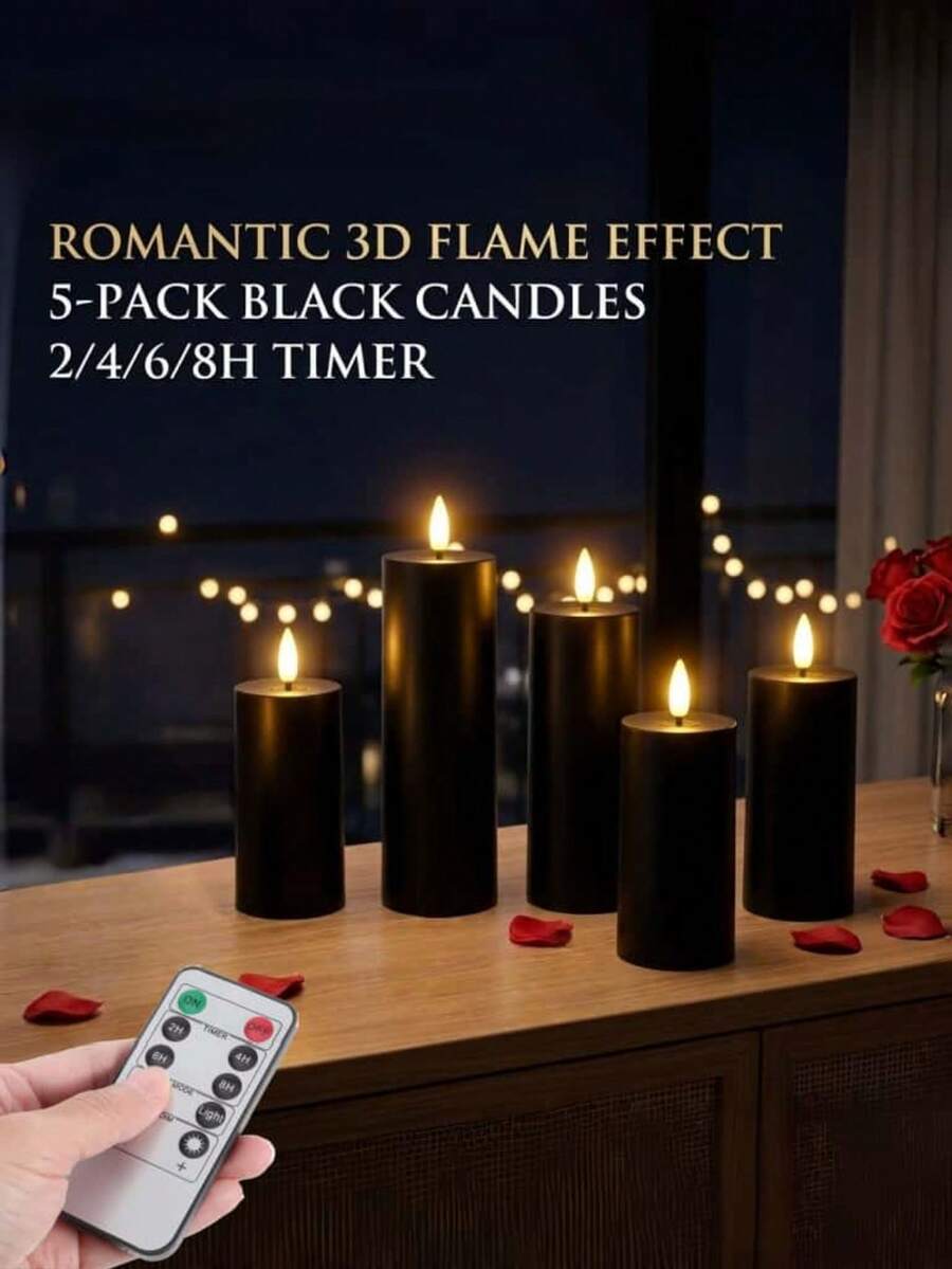 5pcs Flameless Candles, Battery Powered LED Fake Candles With Remote Control And Timer, Suitable For Wedding, Birthday, Halloween, Christmas, Gothic Decor (Black)