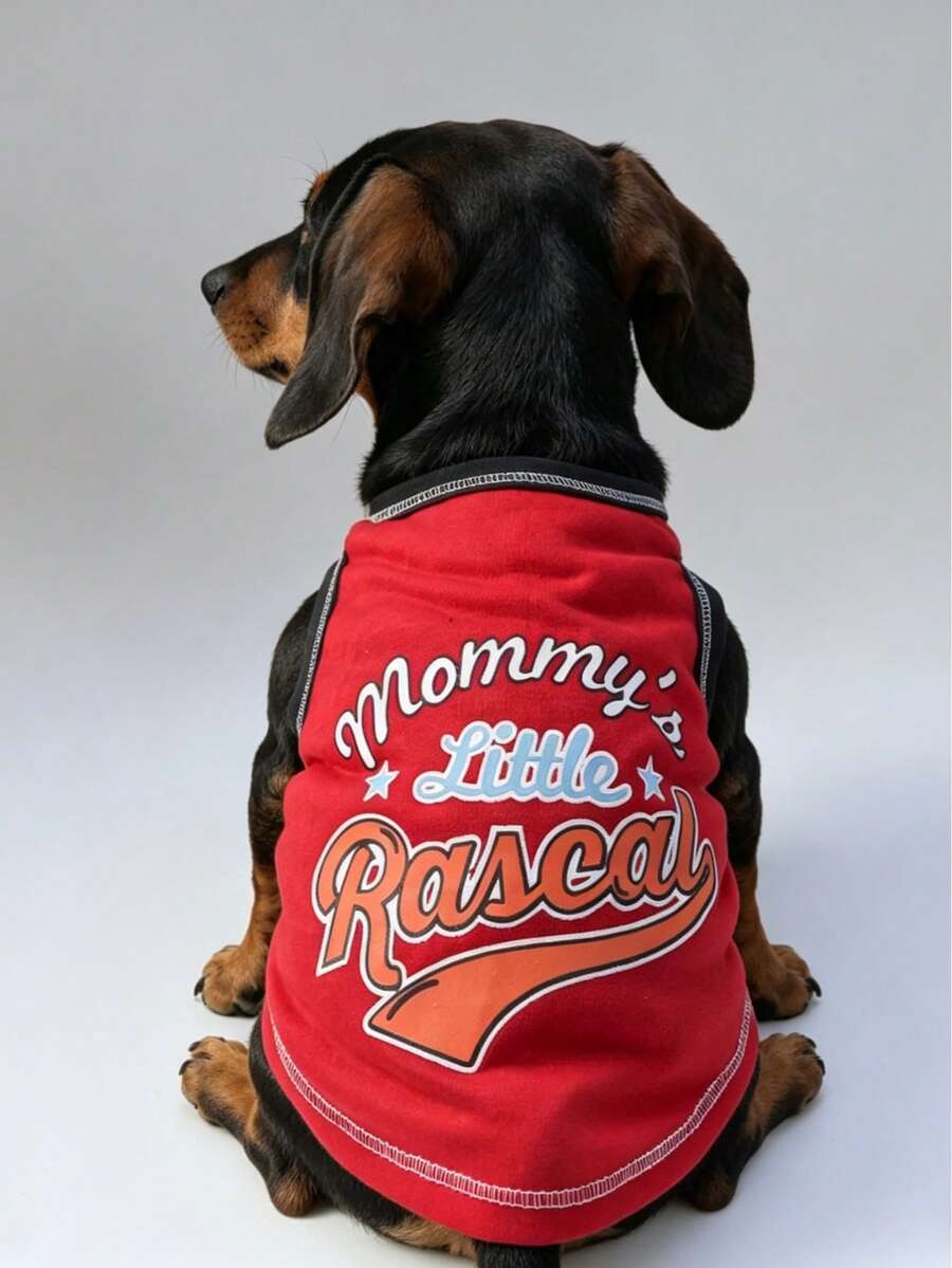 Dachshund Pet Vest "Mommy's Little Rascal" Funny Slogan Small Dog Sleeveless Top, Cute & Cool Sleeveless Shirt For Spring/Summer - Red - View 1