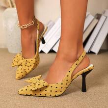 Women's Solid Color High Heel Pumps, Pointed Toe Kitten Heel Slip-On Sandals With Buckle Closure - Yellow - View 16