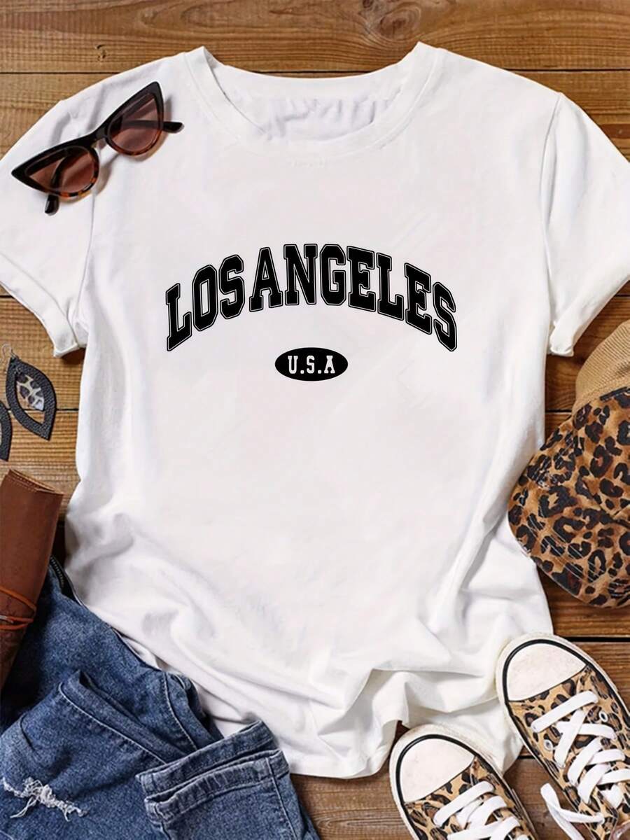 Talla Grande - Talla Grande - Camiseta de Manga Corta con Estampado de Letras y Cuello Redondo de Moda para Tallas Grandes