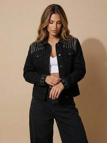 pthirillo Women's Black Denim Jacket Maxi Oversized Denim Black Cotton Long Sleeve Premium Street Style Retro Casual Loose Fit With Pockets Cowboy Style Show Pearls | Basic - 目前的 - 查看 3