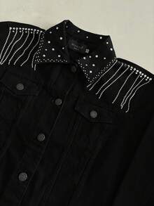 pthirillo Women's Black Denim Jacket Maxi Oversized Denim Black Cotton Long Sleeve Premium Street Style Retro Casual Loose Fit With Pockets Cowboy Style Show Pearls | Basic - 目前的 - 查看 2