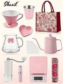 shoxil 1 set Boîte cadeau rose café - Ensemble complet de café filtre à la française (n°01 et n°02) | Design portable de voyage | Cadeau spécial pour les femmes, les couples et les amateurs de café, pour l'extérieur, le camping, le pique-nique - Ensemble rose - Voir 12
