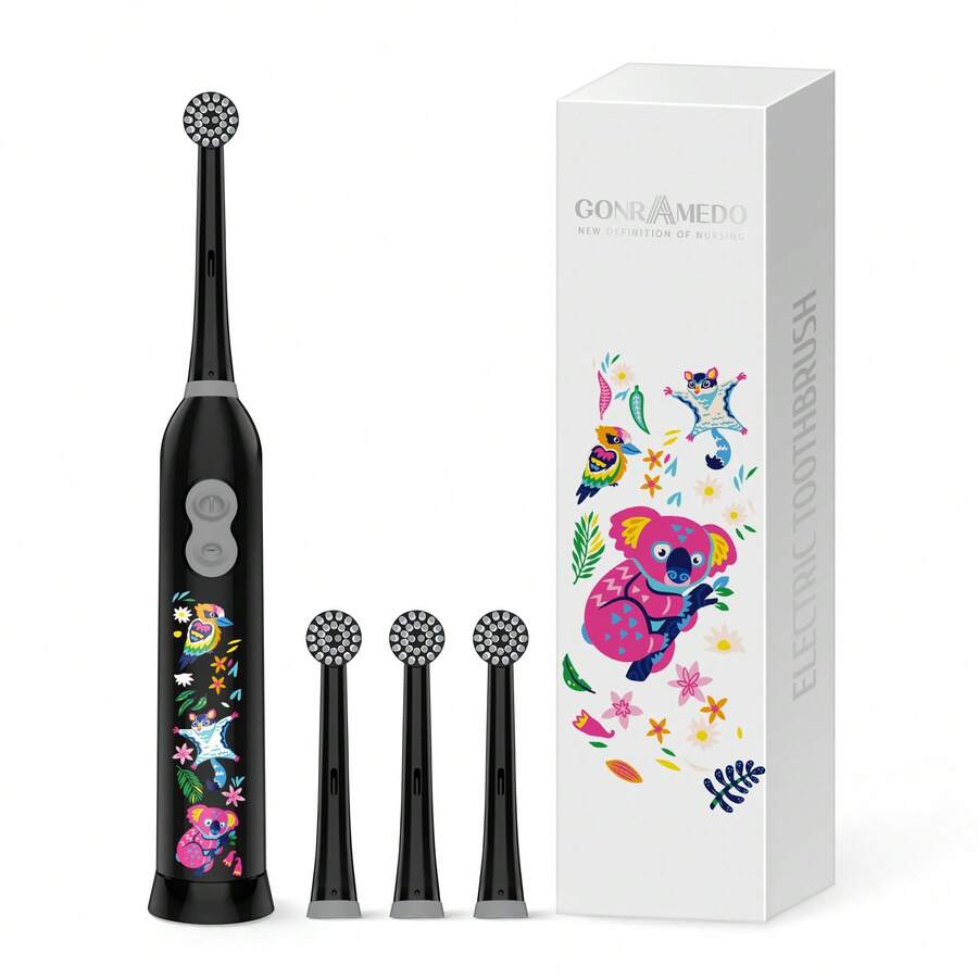 1 pieza Cepillo de dientes eléctrico giratorio con 4 cabezales de cepillo, contiene 2 baterías AAA, cepillo de dientes eléctrico con diseño de selva, cepillo de dientes eléctrico a batería de limpieza inteligente, cerdas suaves, variedad de patrones - selva - Ver 1
