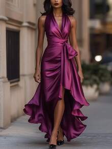 Best-Selling  Elegant V-Neck Irregular Women's Ruffle Dress With Slim Fit Flared Hem For Summer Parties - Purplish-red - View 12