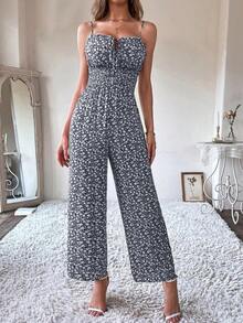 Mono Mujer Azul Marino Premium Estampado Floral Blanco, Tirantes Finos Con Escote Corazón, Cintura Fruncida Con Cordón Delantero, Pierna Ancha Larga, Tejido Transpirable Suave Cómodo, Estilo Chic Bohemio Casual Ideal Para Vacaciones Playa Diarios, Combinaciones Con Sandalias Modernas - Azul y blanco - Ver 5