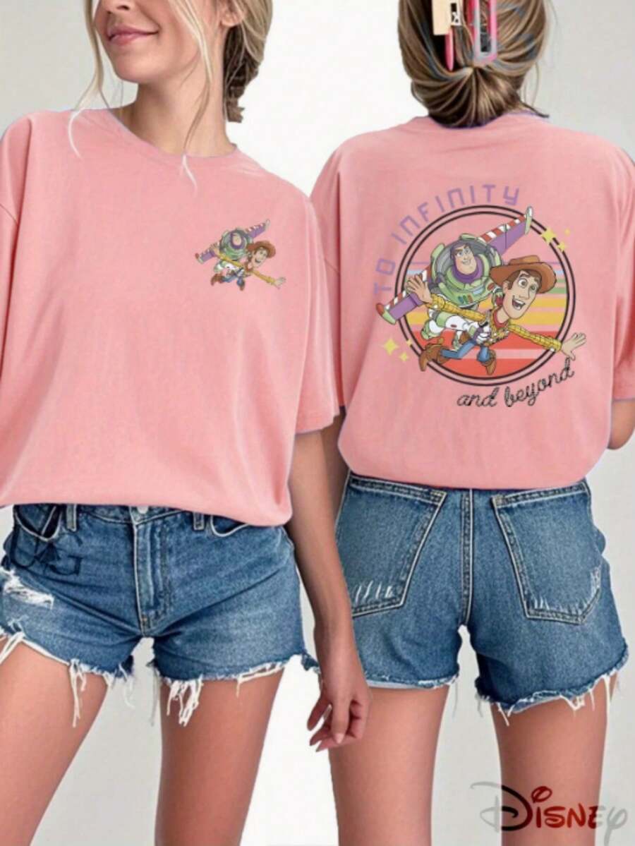 Disney "TO INFINITY And Beyond" Linkage Printed Ladies' T-Shirts | Woody And Buzz Lightyear Flying Prints, Toy Story Series, Soft, Not Easy To Deform, Essential For Spring And Summer, Comfortable And Skin-Friendly Fashion Tops - Hồng - Xem 1