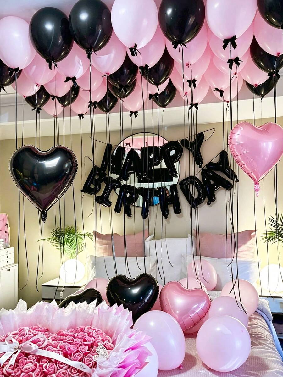 57件套黑粉主题生日快乐气球套装,包含16英寸铝箔生日快乐横幅、心形铝箔气球、黑粉乳胶气球,适合女士生日派对、婚礼新娘礼物、生日装饰、粉色老鼠主题、摄影道具、周年纪念等场合。 - 彩色 - 查看 1