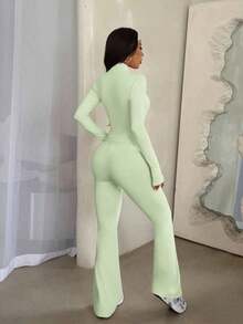 2pcs Women's Sports Suit Set For Autumn/Winter, Full Zip Long Sleeve Stand Collar Contrast Stripe Jacket And High Waist Contrast Stripe Flare Pants, Suitable For Casual Wear, Running, Yoga, Gym - màu xanh lá - Xem 3