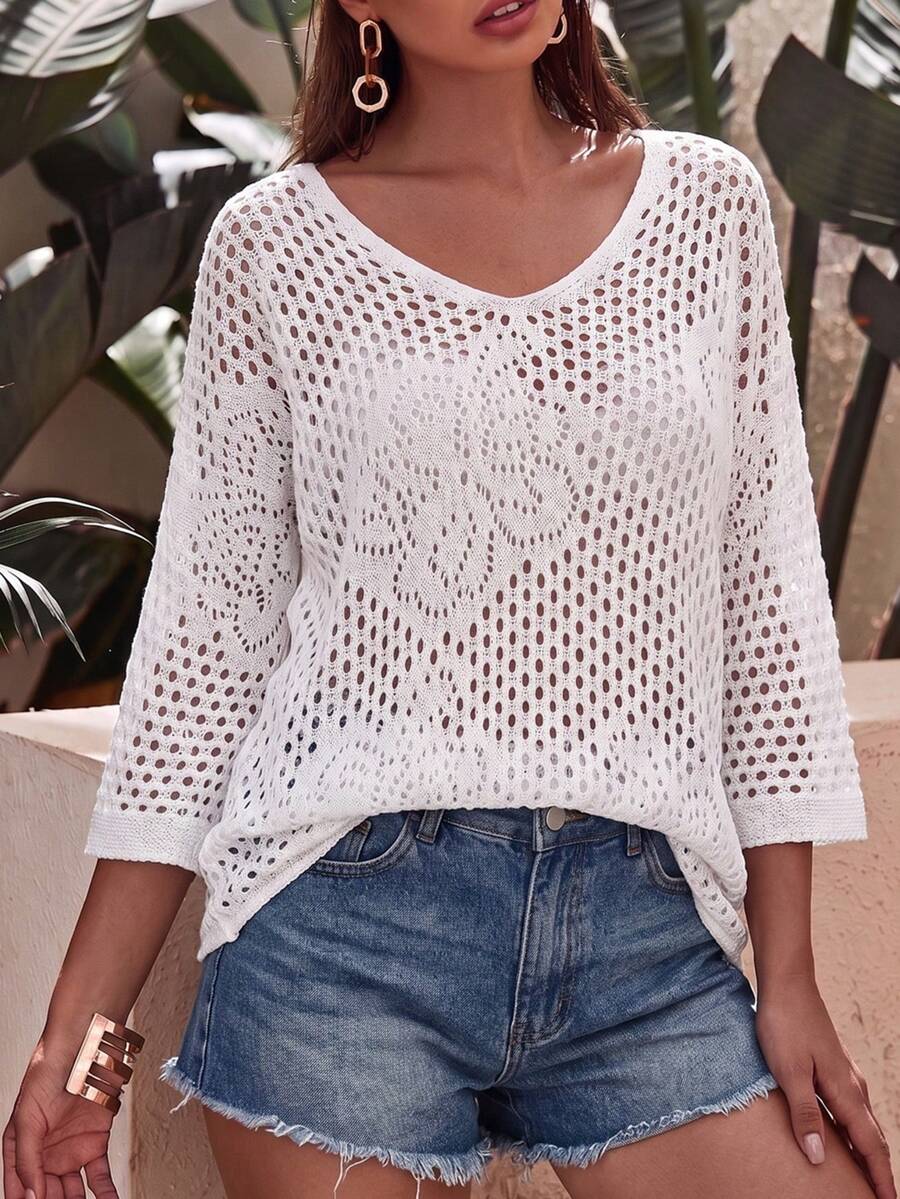 白色V领七分袖镂空钩针编织宽松休闲沙滩罩衫 - 白色 - 查看 1