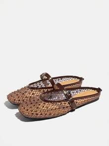 2026 New Plus Size Slip-On Slippers With Rhinestone Strap, Brown Square Toe Flat Casual Sandals, Lattice Mesh Breathable Slip-On Sandals For Women Summer - Brown - View 10