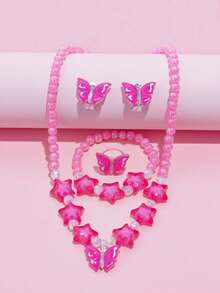 5pcs/Set Glitter Floral Beaded Jewelry Set Necklace Bracelet Ring Ear Clips Sweet Girl Dress Up Party Accessories Gift - one-size - View 6