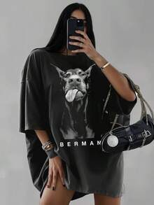 Oversized Doberman Dog Print T-Shirt - Black - View 1