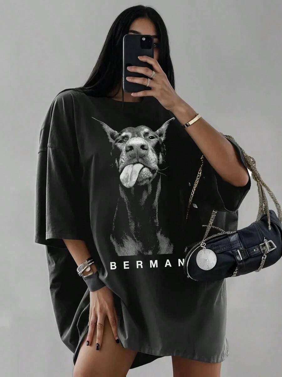 Oversized Doberman Dog Print T-Shirt - Black - View 1