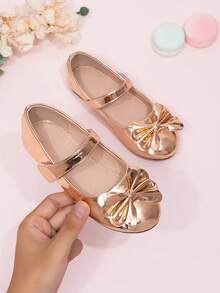 2026 Nuevos zapatos de primavera para niñas con lazo decorativo, unicolor, estilo plano, cierre de gancho y bucle y punta redonda - Dorado - Ver 1