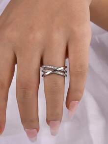 1 chiếc nhẫn thời trang tối giản, thanh lịch, đa năng, thiết kế đường chéo, đính đá zirconia tổng hợp, thích hợp đeo hàng ngày, dự tiệc, làm quà tặng, trang sức, unisex. - Bạc - Xem 8