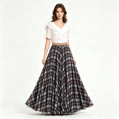 Women's Plaid Pleated Maxi Skirt, High Waist Elastic Waistband A-Line Flowy Long Skirt, Vintage Tartan Print Casual Elegant Maxi Skirts For Fall,Festival,Party