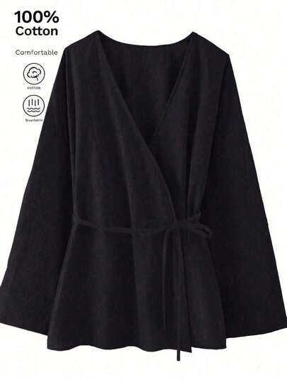 Plus Size Women's Casual Solid V-Neck Long Sleeve Drawstring Loose Comfortable Linen Blouse
