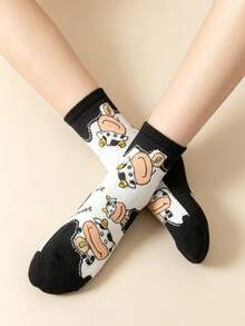 5 Pairs Women's Cartoon Cow Pattern Socks, Mainly In Black And White Tones, Including Different Expressions And Poses Of Cows As Well As Solid Color Backgrounds, Lightweight And Comfortable Material Suitable For Warm Seasons, Won't Easily Slip, Styles Include Bow, Tassel, Snowflake Decorations - Multicolor - View 6