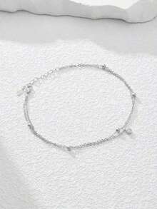 SGIAWETA-1pc 925 Silver Minimalist Double Layer Round Shape Artificial Pendant Anklet Suitable Women's Daily Wear Or Summer Vacation Holiday-Birthdaygift - Silver - View 4