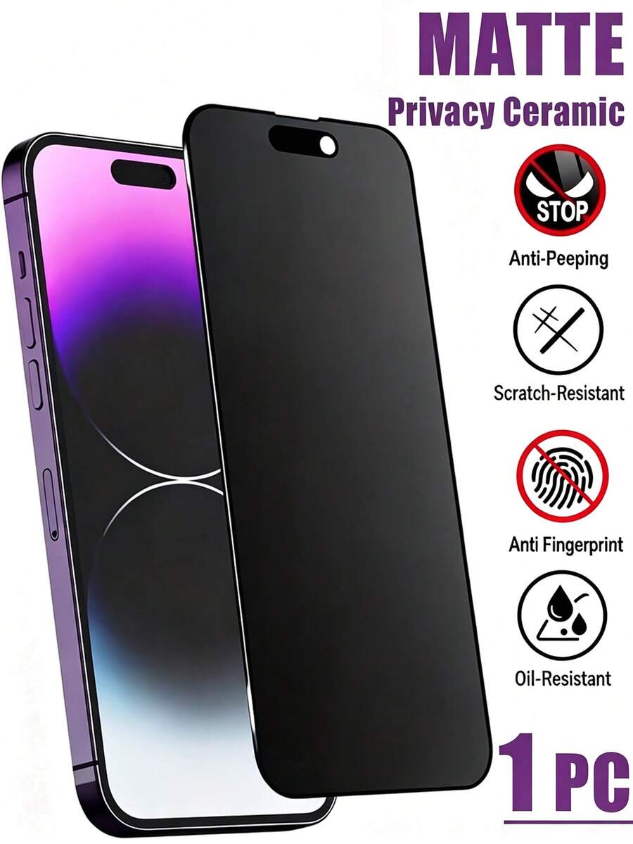 Privacy Ceramic 1pc Matte Ceramic Anti-Spy Screen Protector, Soft Screen Protector, Matte Finish, Anti-Fingerprint, Anti-Peeping, Scratch Resistant, Compatible With IPhone X/XS/XS MAX/11/12/13/14/15/16/17/17e/17Air/17 PRO/17 PRO MAX Series Mother's Day Gift - Black - View 1