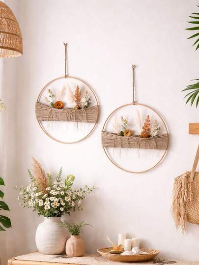 1 pieza Cesta de pared de estilo bohemio para decoración de flores, estantería de exhibición floral tejida redonda, decoración de pared rústica de granja, decoración del hogar de estética natural, colgante de almacenamiento de flores secas, adecuado para sala de estar, dormitorio, entrada, comedor, decoración de pared de cocina, a juego con estilo boho moderno, decoración de espacio acogedor, decoración del hogar de temporada