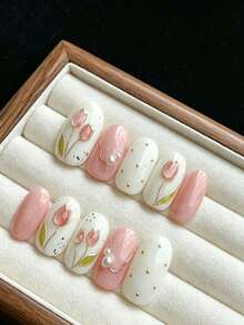 qihangxin 10pcs Handmade Short Press-On Nails, Pink & White Base, 3D Gold Foil & Pearl Bead Accents, Autumn Oval Shape, Pink/Red & White 2 Colors Available, Comes With Tool Kit, Suitable For Daily Wear And Holiday Gifts - Pink - View 5