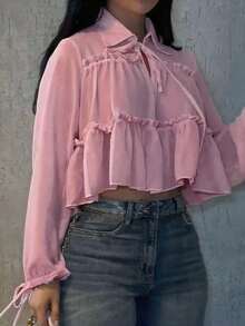 Camisa elegante y casual para mujer, diseño asimétrico, manga farol con lazo en el cuello, tela tejida de unicolor con bajo plisado, elegante para uso diario, citas, vacaciones, primavera/verano en color blanco - Rosa - Ver 4