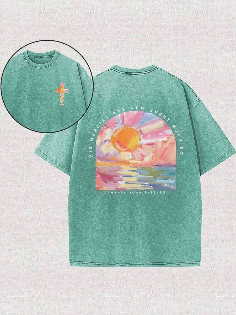 Tops230g Washed, A Beautiful Day Starts From The Morning Sun Printed T-Shirt, High-Quality Wax Printed Cotton Retro Fashion Brand T-Shirt, Beach Essen - 草綠色 - 查看 1