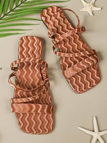 Sandálias rasteiras femininas com textura ondulada, bico quadrado, estilo slip-on, perfeitas para a praia no verão. - Laranja Queimado - Ver 8