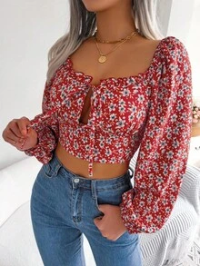 Blusa Corta de Mujer con Estampado Floral y Cordones, Manga Larga, para Verano y Otoño, Informal, de Gasa, Roja, Blanca y Azul - Rojo - Ver 4