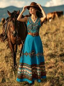 VEXHEIMA Western Style 2026 New Arrivals Women's Fashion: Western-Print Bohemian V-Neck Sleeveless Long Dress For Everyday Wear - Blue - View 5