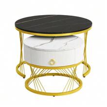Elegant Modular Coffee Table: Marble Look, Gold Decoration, Side Table With Drawers – Set Of 2 - Black - View 10