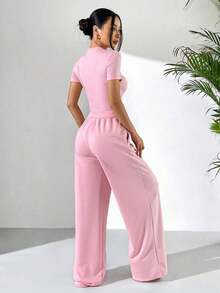 Conjunto de dos piezas básico  2026: camiseta corta ajustada manga corta + pantalón ancho holgado negro, ideal para verano y uso diario casual - Rosa 3 - Ver 2