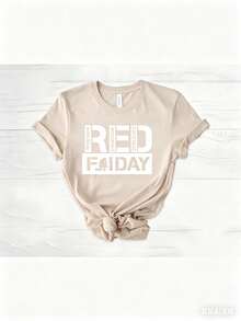 May 5th Day Casual T-Shirt 100% Cotton Women's Summer Top. On Fridays We Wear Red Shirts, We Wear Red To Remember Everyone's Deployment. American Flag American Veterans T-Shirt, American Flag T-Shirt 180g Breathable Cotton Tee, All Match - 杏色 - 查看 7