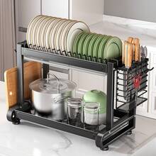 1 Piece Double-Layer Metal Dish Drying Rack, Carbon Steel Kitchen Dish Drying Rack, Countertop Dish Organizer With Utility Tray, Rust-Proof Compact Dish Drying Rack, Portable Modern Dish Organizer For Cups, Plates And Bowls - Black - View 2