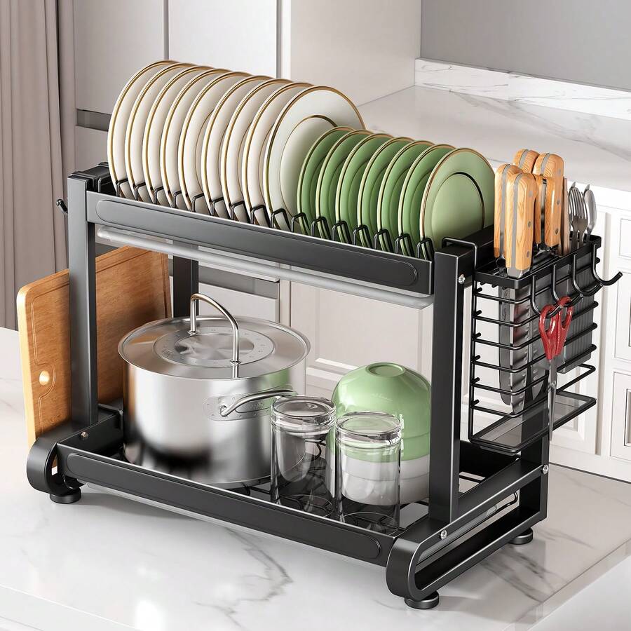 1 Piece Double-Layer Metal Dish Drying Rack, Carbon Steel Kitchen Dish Drying Rack, Countertop Dish Organizer With Utility Tray, Rust-Proof Compact Dish Drying Rack, Portable Modern Dish Organizer For Cups, Plates And Bowls