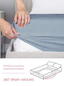 Ga trải giường trơn HONEYMOON 1 chiếc, chất liệu 100% polyester, nhẹ như mây, phù hợp với nệm có độ sâu 9-12 inch, mềm mại và thoáng khí, không co rút - Kích thước T F Q K cho gia đình và ký túc xá, đạt chứng nhận Oeko-Tex, món quà tuyệt vời cho mẹ, màu xanh nhạt. - Màu xanh bụi bặm - Xem 5