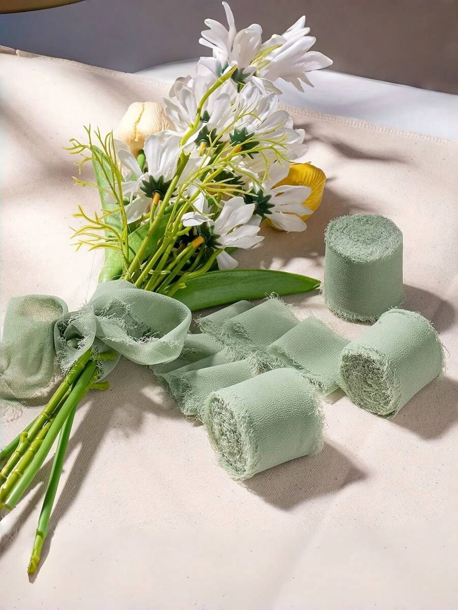 1/3/6卷手工烟绿色雪纺丝带，DIY手工流苏装饰布，礼品包装雪纺丝带，15英寸宽21码流苏边丝带，适用于婚礼请柬、新娘捧花、礼品包装、DIY手工、蝴蝶结制作、派对等场合。 - 手撕毛邊絲帶雪紡絲帶 - 查看 1