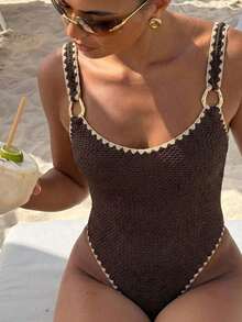 Mono de baño bohemio para mujer, textura tejida marrón con bordes de crochet, diseño de tirantes ajustable, ideal para playa, piscina y vacaciones tropicales - Blanco - Ver 8