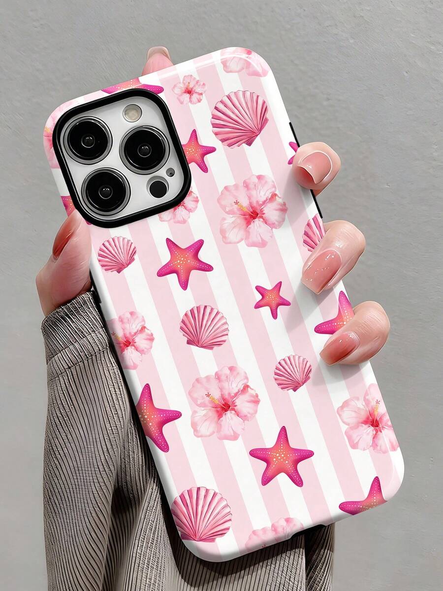 1件装极简条纹软萌少女风海洋元素粉色芙蓉海星贝壳图案亮面二合一手机硬壳，兼容三星/11/12/13/14/15/16/17 Pro Max - 彩色 - 查看 1