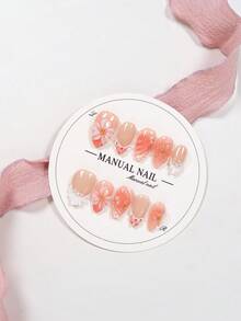 JUTI Ongles faux à presser courts en amande 100% faits main, dégradé œil de chat rose nude et marron avec fleur 3D sculptée à la main, perles et perles dorées, brillants pour mariage, rendez-vous, port quotidien en été, set avec lime à ongles et gel de colle - Multicolore - Voir 2