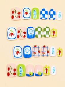 24 Square, Press-On Short False Nails, A Vibrant Orange And Blue Romantic Manicure To Brighten Your Spring Nails. Includes Application Tools, Gel Polish, And Nail File. - Multicolor - View 2