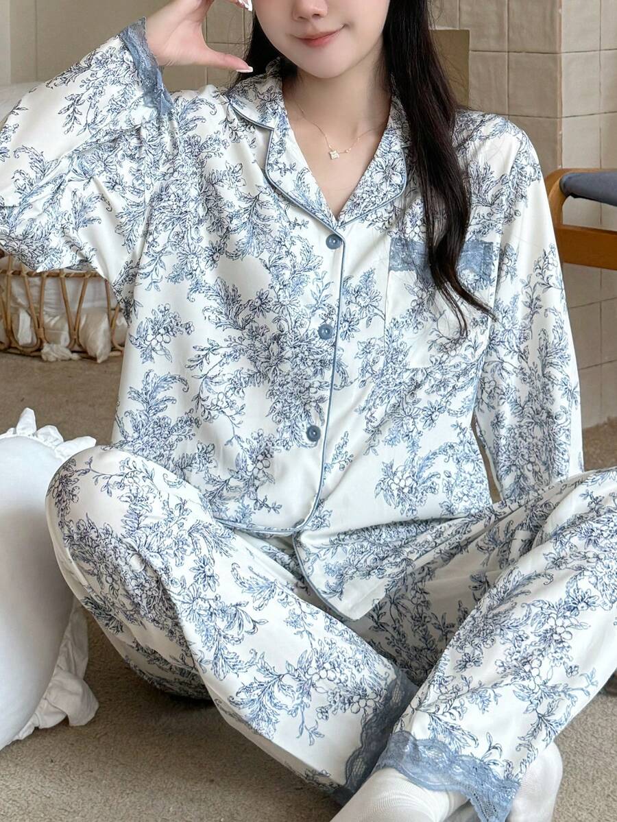2pcs Floral Print Romantic Lapel Women Pajamas, Lace Trim, Suitable For All Seasons - Dusty Blue - View 1