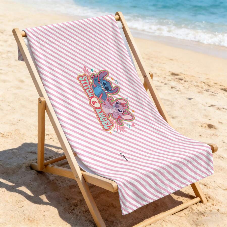 Khăn tắm biển Disney Lilo & Stitch - Khăn tắm biển sọc hồng Stitch & Angel dành cho hồ bơi và bãi biển. - A - Xem 1