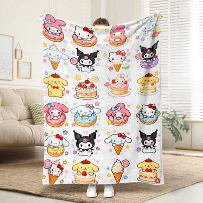  1 chiếc chăn nỉ họa tiết Sanrio thoải mái, thiết kế dệt kim bằng polyester mềm mại, sử dụng đa năng, có thể giặt máy, chăn phủ sang trọng, món quà lý tưởng cho gia đình, du lịch, ngoài trời, mọi mùa, phù hợp cho ghế sofa, giường, văn phòng hoặc khi đi du lịch.